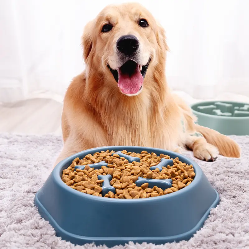 Cuenco de plástico de alta calidad para mascotas, alimentador lento con forma de hueso de alimentación lenta con cuenco antideslizante para gatos y perros, venta al por mayor