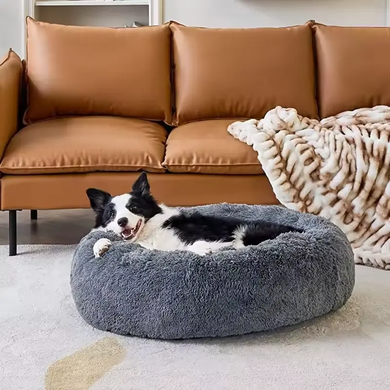Sevimli sakinleştirici yuvarlak Donut Pet yatak kabarık peluş küçük köpek kedi yastık yatak küçük yavru Anti anksiyete için kedi pedleri yaktı dökün Chien