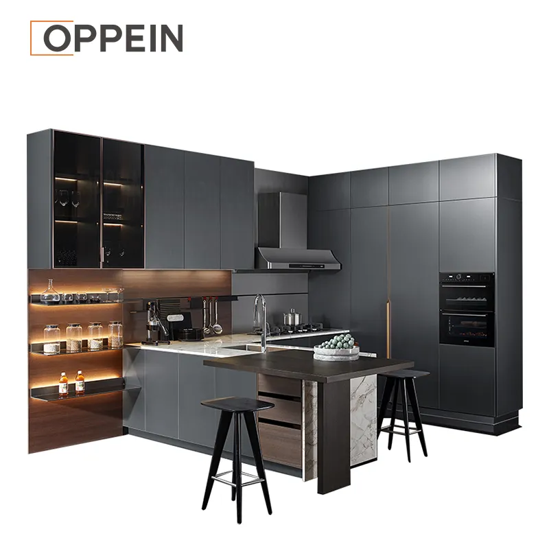 OPPEIN unico pannello porta moderno Set di pannelli armadio da cucina nero lucido