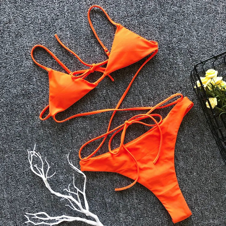 Dos piezas de moda abierta mujeres traje de baño bikini modelo para hombre tanga naranja neón traje de baño de alta calidad traje de baño