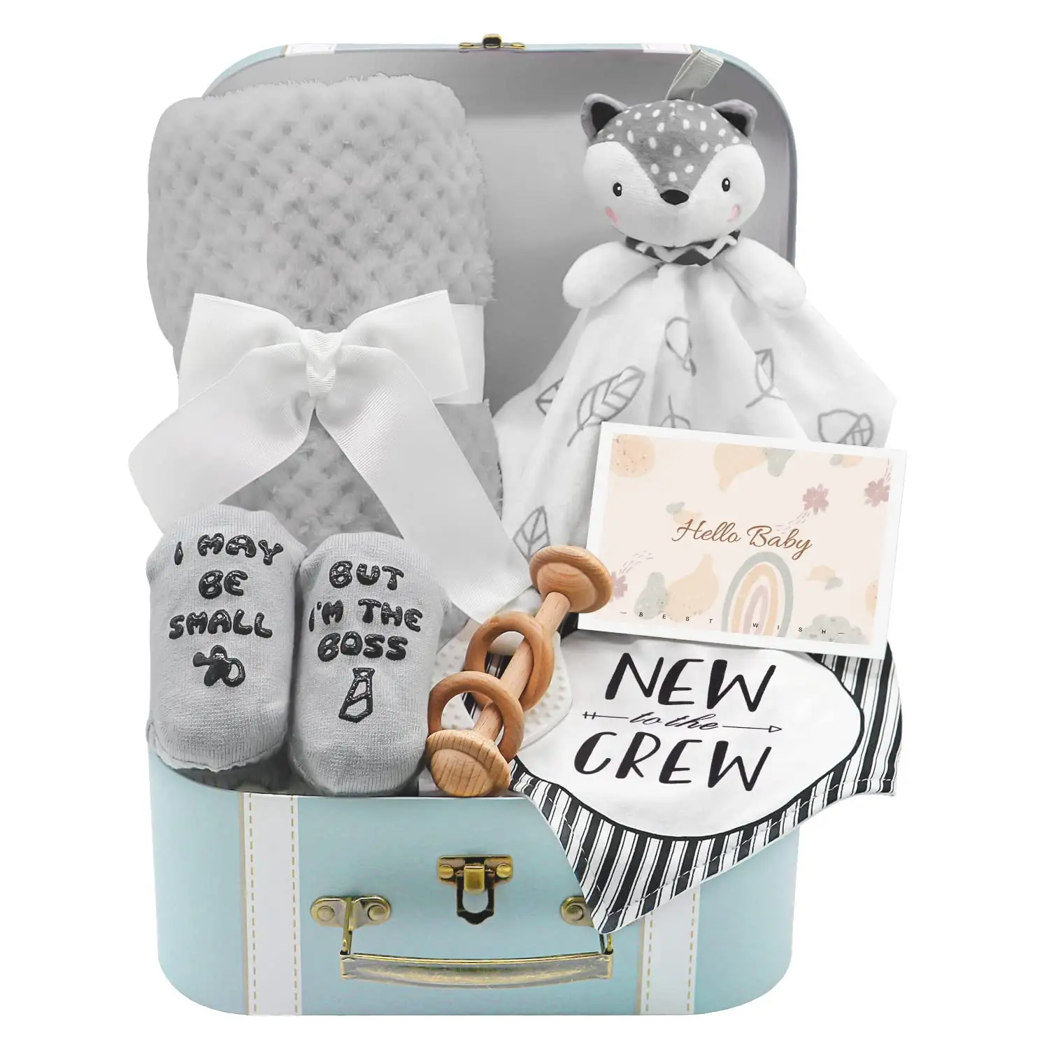Fun Baby Gift set atacado personalizado cesta de presente novo bebê com cobertor de bebê bonito chocalho de madeira brinquedos 2024 New Mom Gift Basket