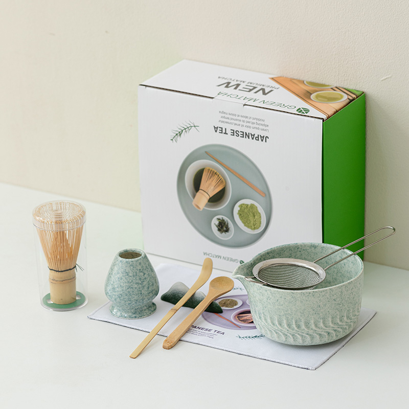Ensemble de bols à matcha 8 pièces, motif uni – vert matcha