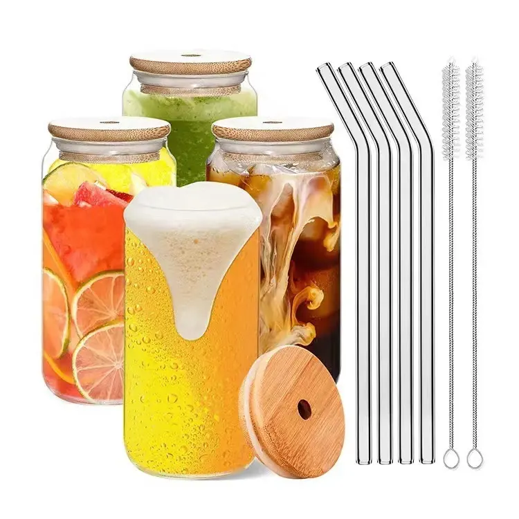 Bier Blikje Vorm Drinkglazen 12Oz 16 Oz Glazen Bekers Met Bamboe Deksel En Stro Voor Smoothie, Boba Thee, Wate