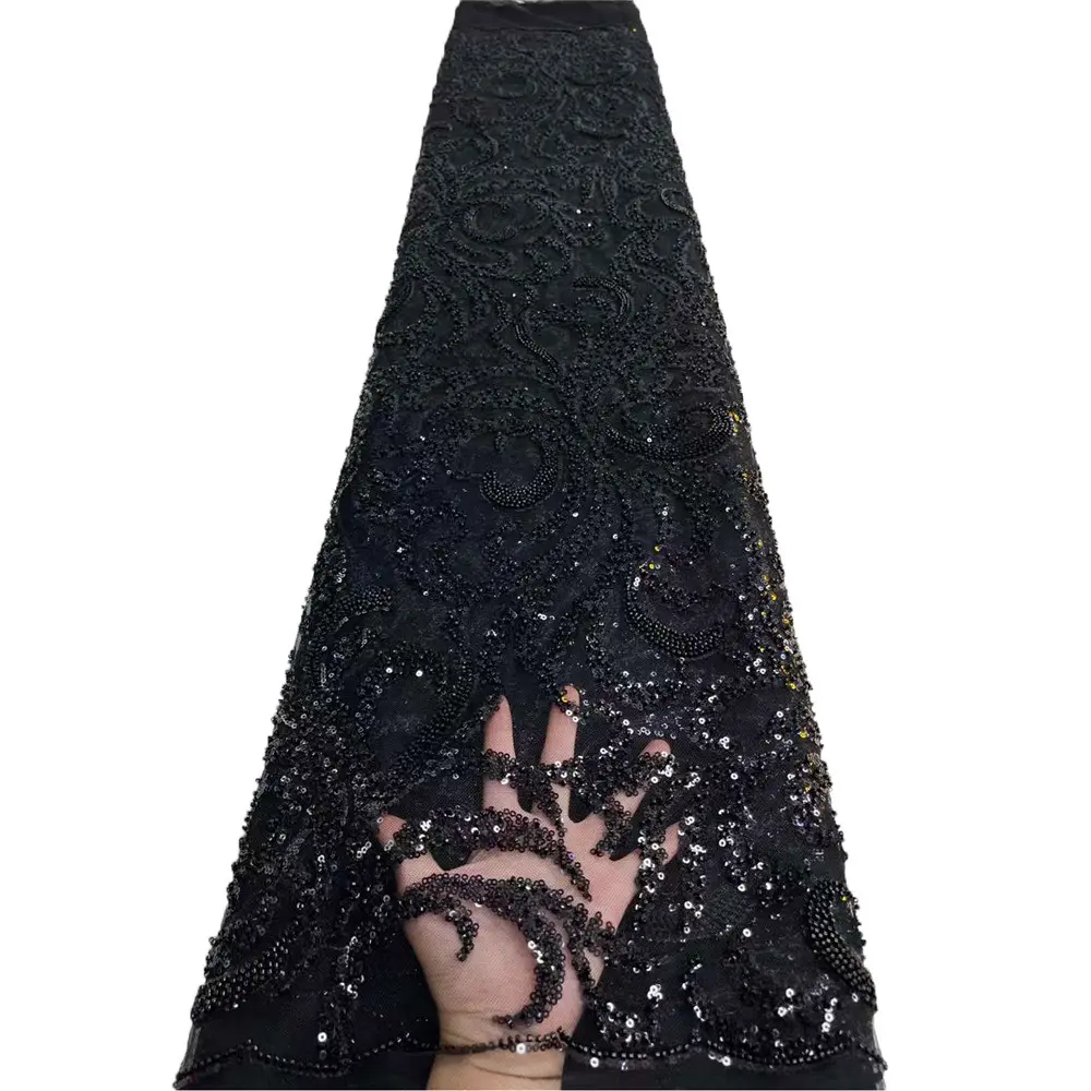 Bellissimi tessuti di pizzo francese nero con perline tulle tissu per matrimonio francese 5 yarde lacci di qualità ML44N1001