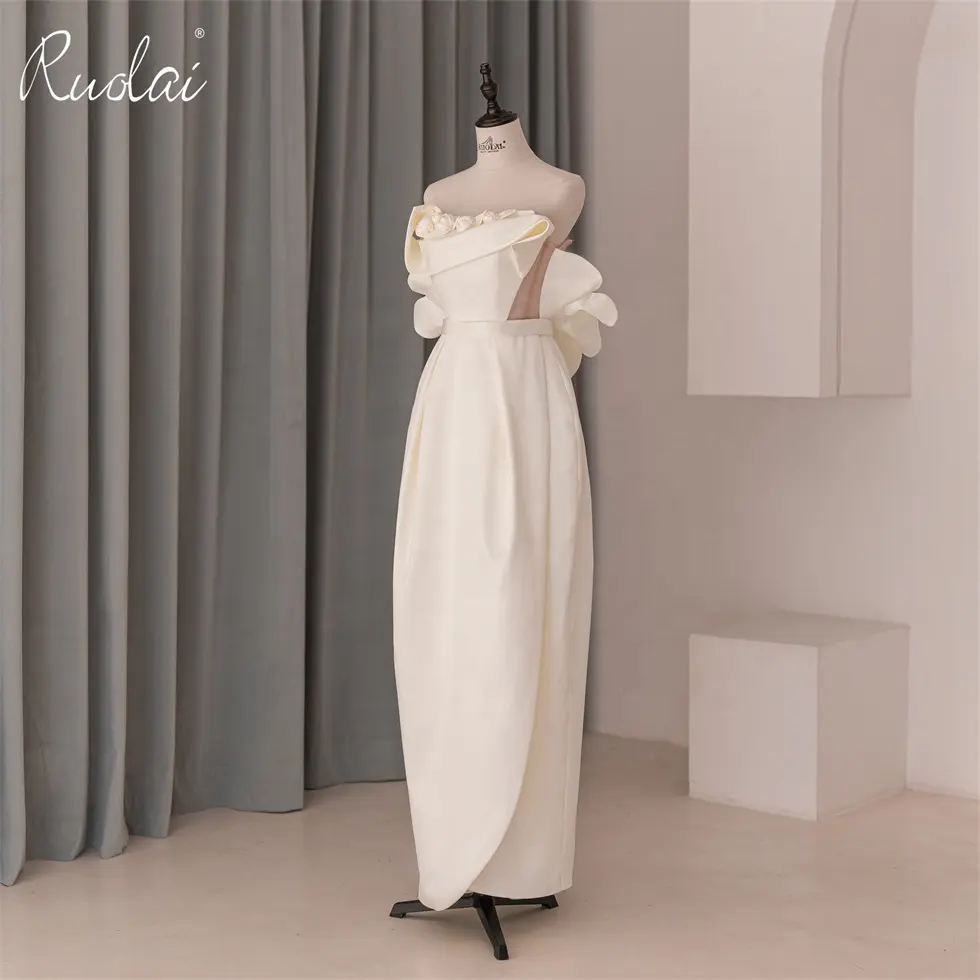 Ruolai vestido de casamento elegante qd06130, cor pura sem alças, 3d flores de cetim 2023