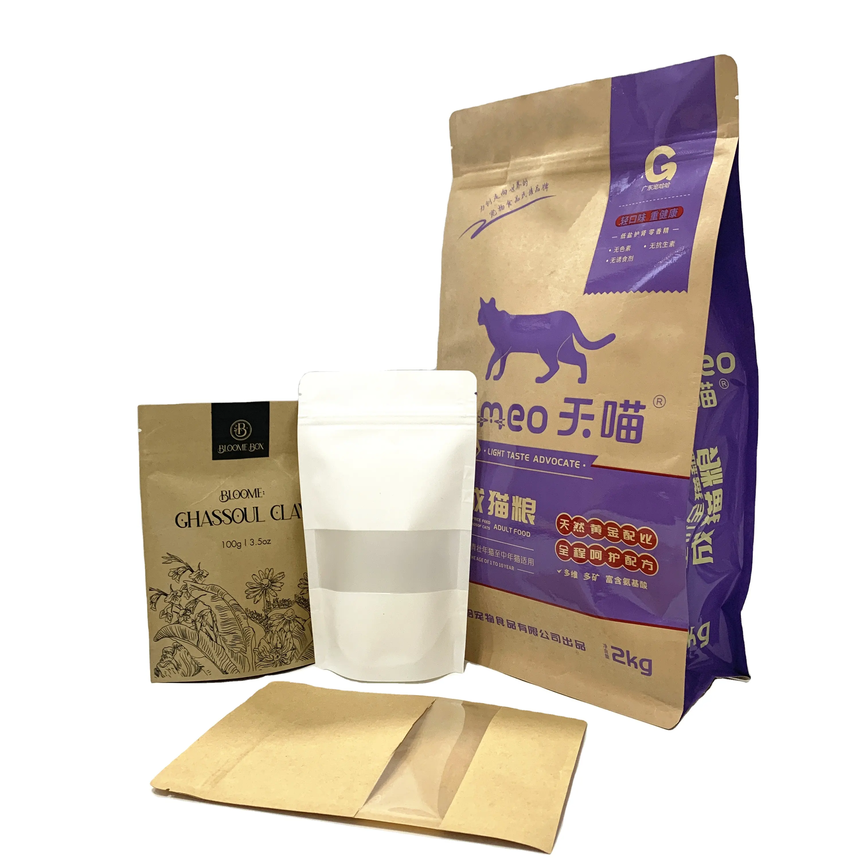 Bolsas de embalaje de papel Kraft con cremallera personalizada, bolsas de pie, marrón, con ventana transparente, muestras gratis