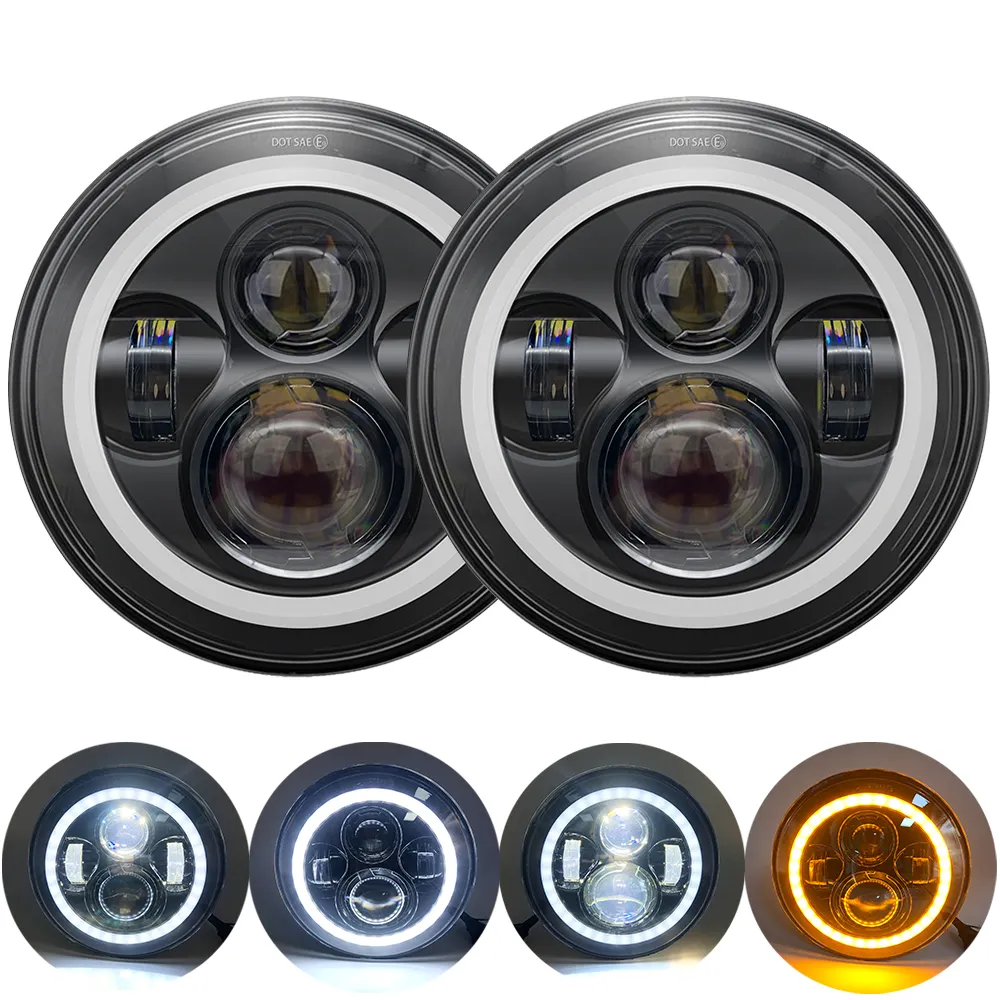 7 Inch 45W H4 LED Headlights Lamp With Angle Eyes 7" Round Headlamp For Lada 4x4 Urban Niva Land Rover 90/110 Defender