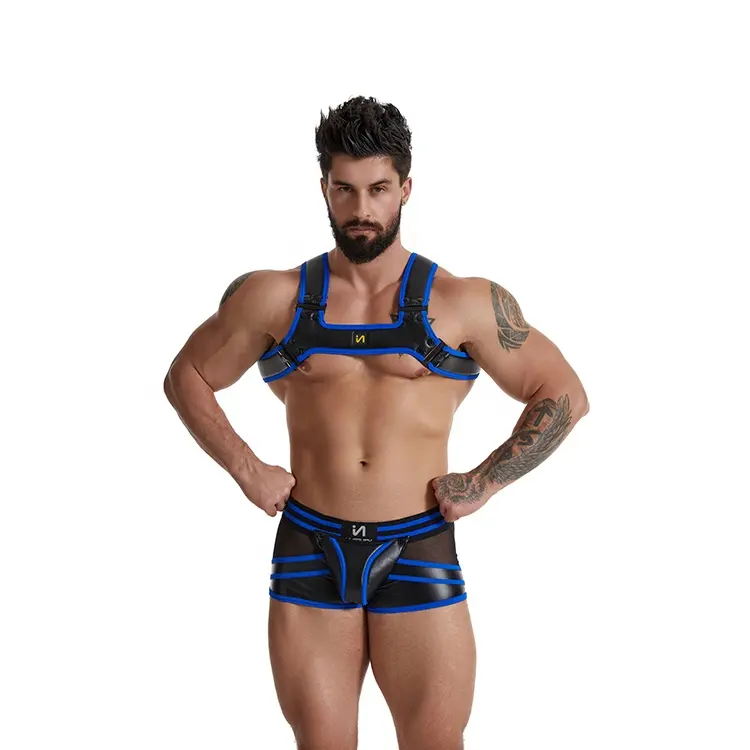 Pantaloncini Boxer in rete con imbracatura per il corpo in pelle PU da uomo con custodia in rigonfiamento costumi blu Sexy per uomo Gay