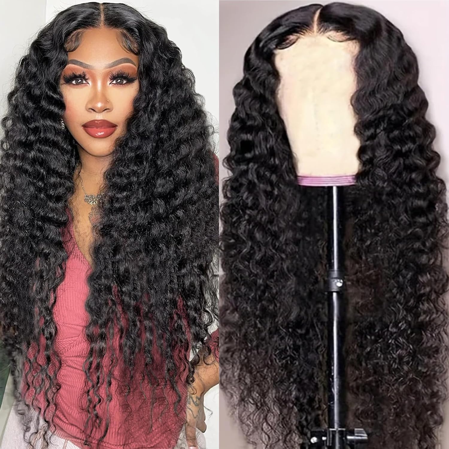 Perruque noire naturelle 5*5 avec fermeture en dentelle, vague profonde