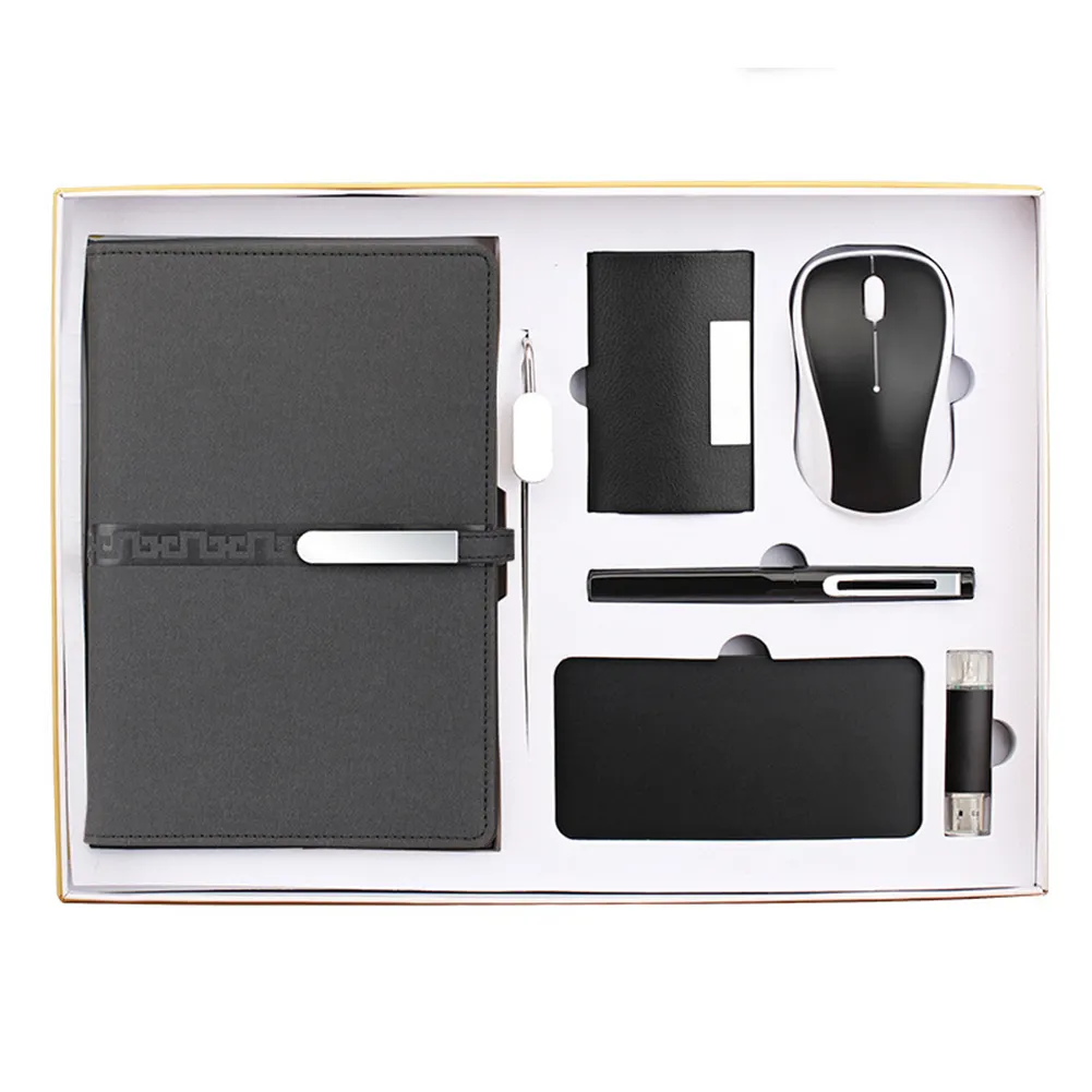 Long silver button notebook + pen + USB flash drive + bookmark + name card holder + wireless mouse + power bank gift set/