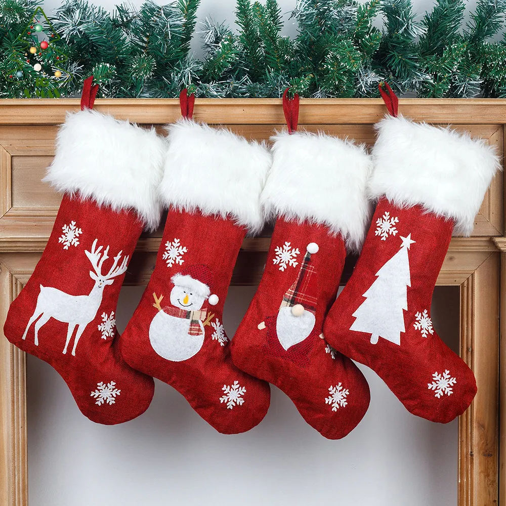 KG Xmas Ready To Ship Medias De Navidad 19 Inch High-End Red Linen Velvet Xmas Stocking Christmas Socks With Led Lights
