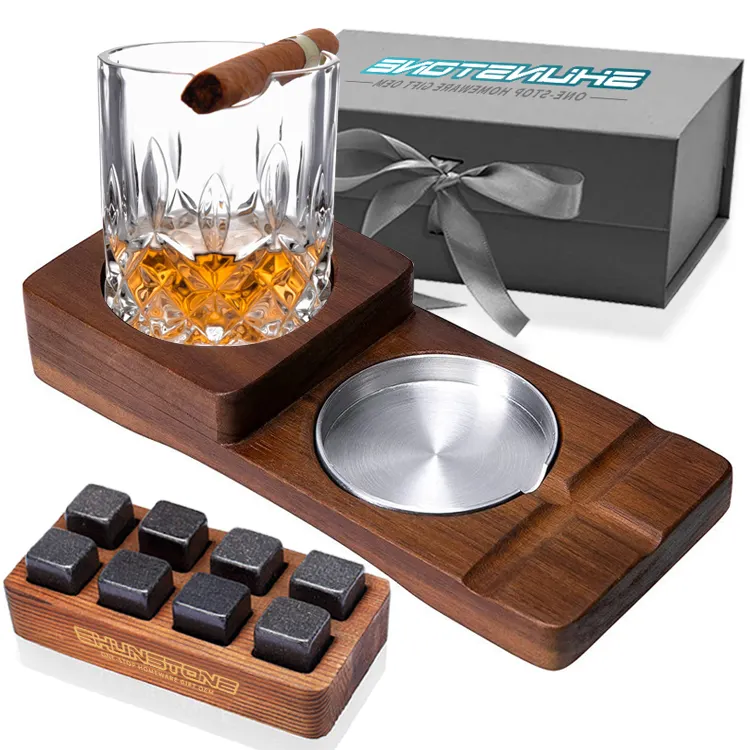 Großhandel Luxus Zigarre Holz Tablett Massivholz Aschenbecher Transparente Whisky Glas Tablett Zigarren halter Unternehmen Promotion Geschenke für Männer