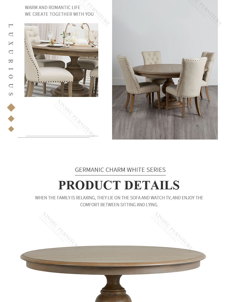 New French style oak Nordic antique style 6-seat solid wood round table with rotating center