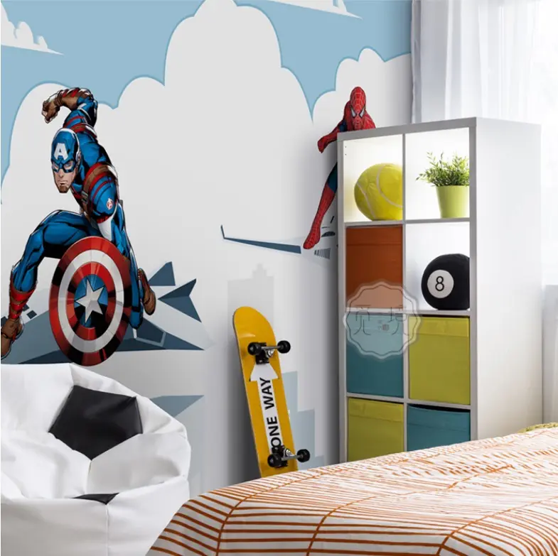 子供部屋の壁紙漫画3Dヒーロー壁カバースパイダーマンスーパーマン壁紙寝室の背景壁の壁画