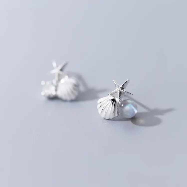 Beach Resort Ocean Style 925 Sterling Silver Seashell Starfish Earrings