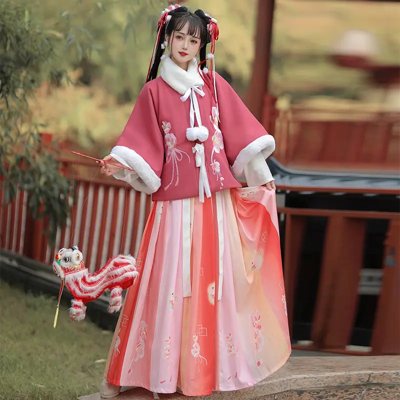 Vestido de flores de hada Hanfu, vestido de flores de medio brazo con cuello de tangerina frontal mejorado, par