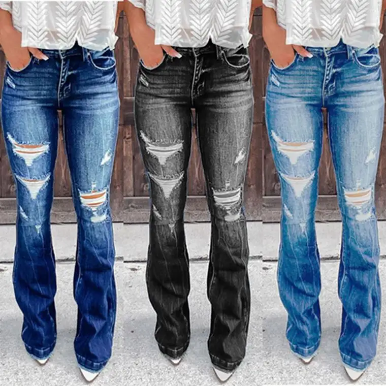 ladies distressed jeans pants ropa de mujer women skinny ripped denim jeans bootleg trousers