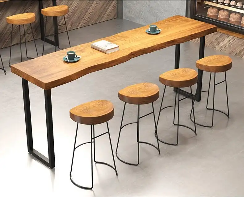 Mesa de bar y silla Simple de hierro, combinación de Arte Moderno, madera sólida, sala de estar, bar, mesa alta informal, gran oferta de China