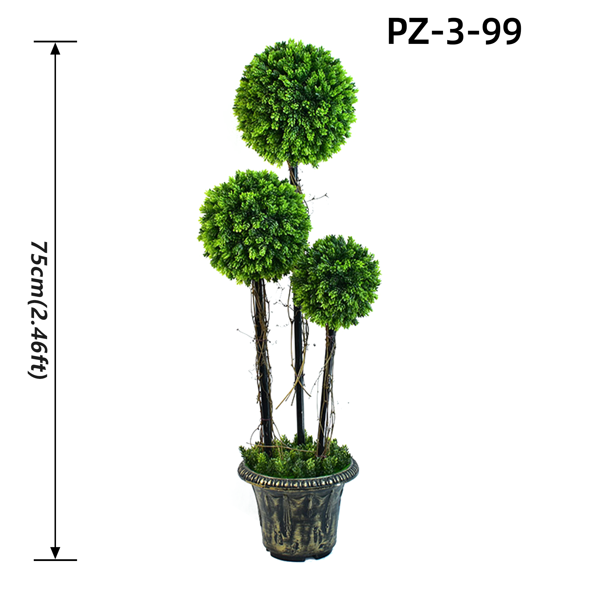 Arbre à topiaire en boule de cyprès vert mousse triple lumière (75 cm/2,46 pieds)