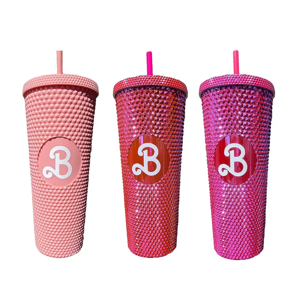 Hot Pink Großhandel Bulk 25oz Kunststoff Cold Cup Becher Doppelwandiger Kunststoff becher mit Deckel und Strohhalm