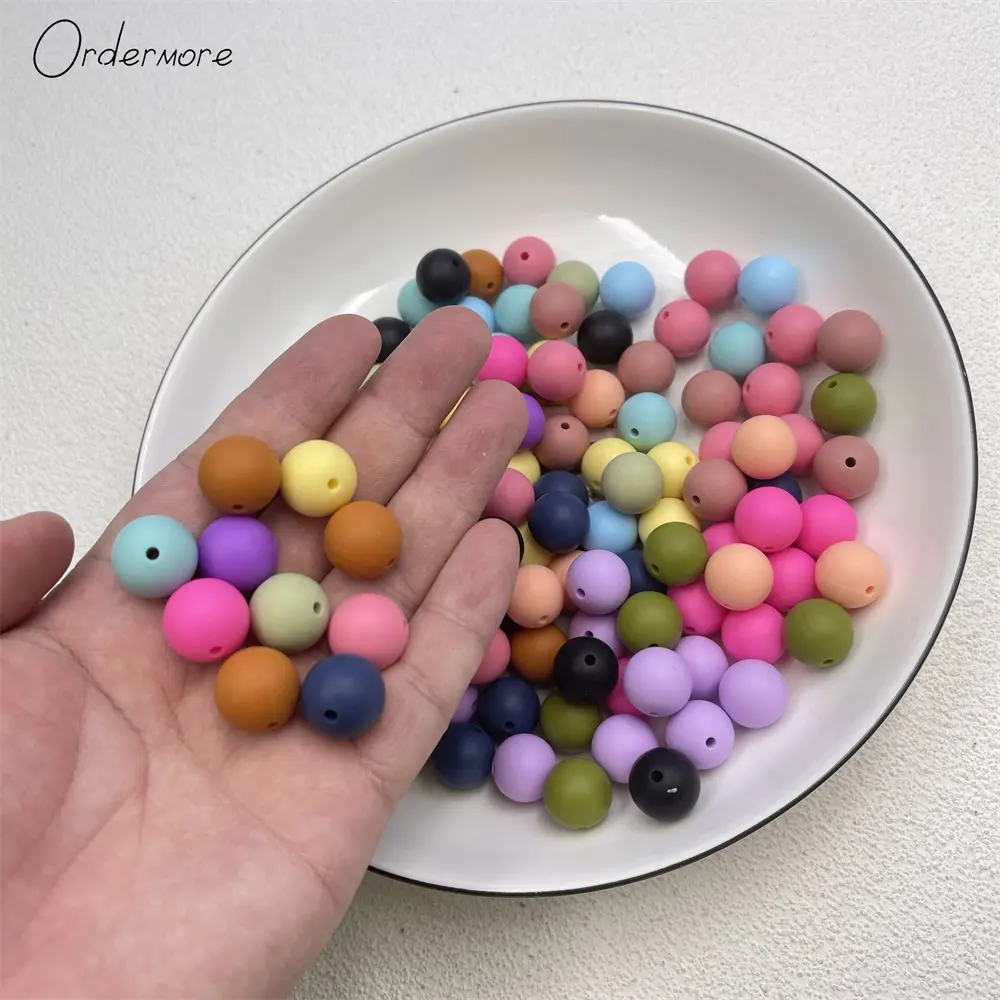 Ordermore BD1 137 couleurs sans bpa 9 mm 12 mm 15 mm 19 mm dents collier accessoires silicone perles rondes pour la fabrication de porte-clés