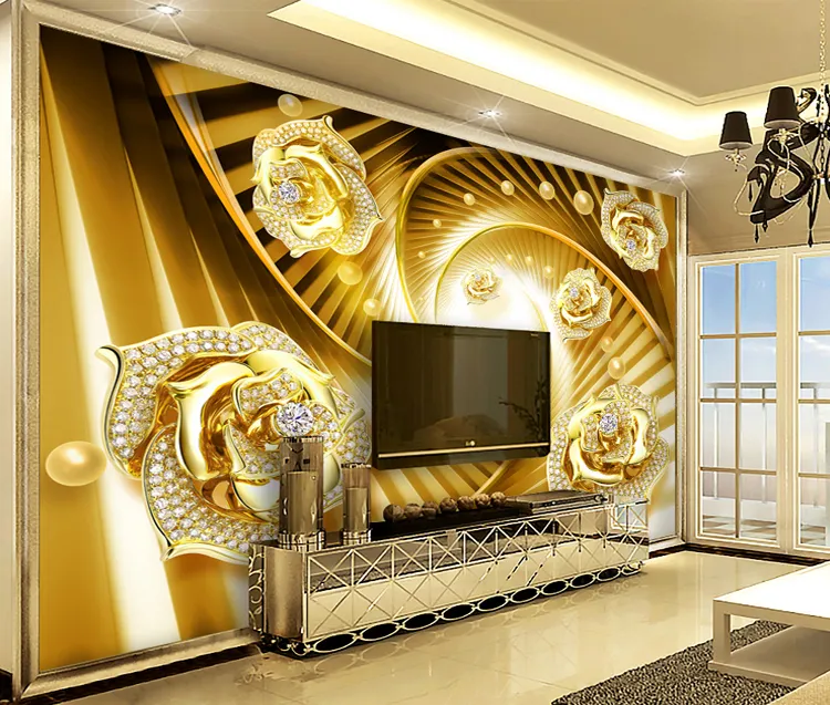 Rotating Diamond Wallpapers Wall Coating Golden Flower Jewelry 3d Luxury Wall Paper