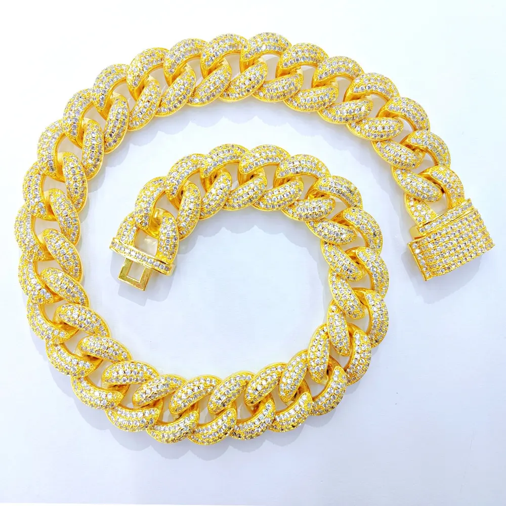 Collar de cadena cubana pesada de 23mm, joyería de oro blanco, circonita completa de hip hop y latón