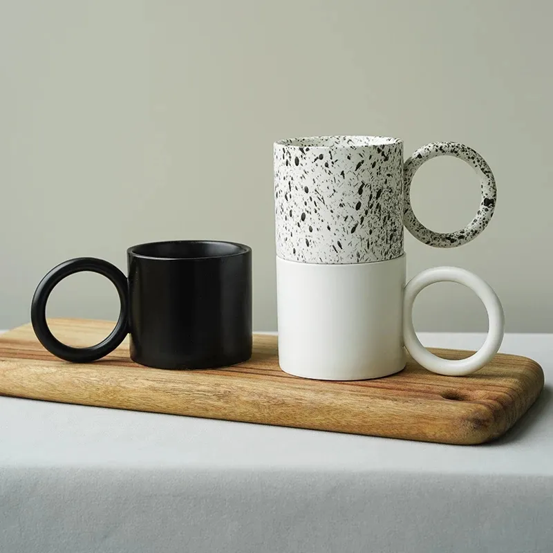 Tazas nórdicas con mango redondo grande, tazas de cerámica creativas de tinta antisalpicaduras, para café, té, regalo nique para decoración del hogar para madre y amigos