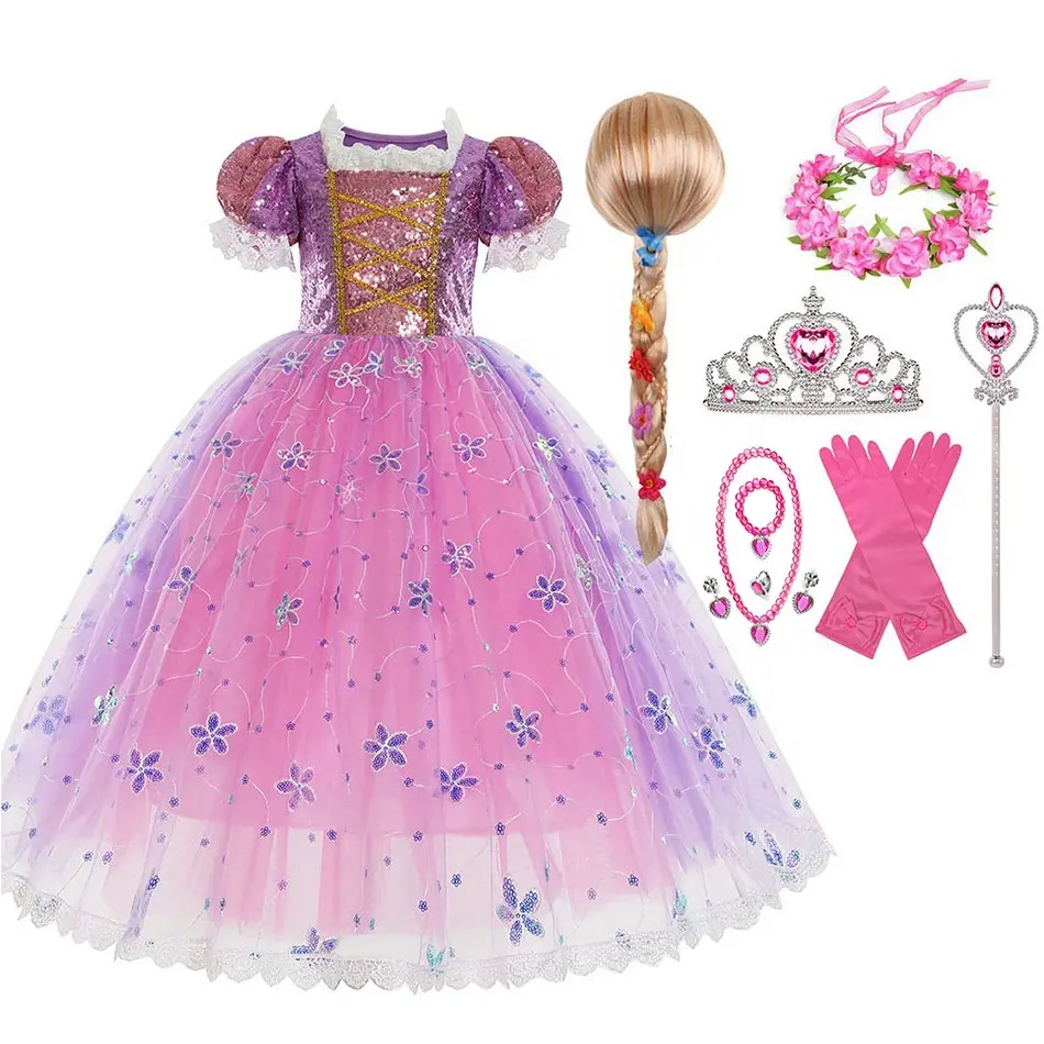 Disfraz de Rapunzel para Niñas, Ropa de Princesa para Cumpleaños, Cosplay de Halloween con Peluca y Accesorios Púrpura