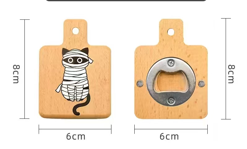 Abridor de botellas de madera de haya con diseño de gato amarillo (cuadrado con asa).