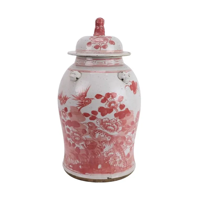 Flor y pájaro pintados a mano rojos y blancos de Jingdezhen con urnas de tarro de jengibre de porcelana con cabeza de león