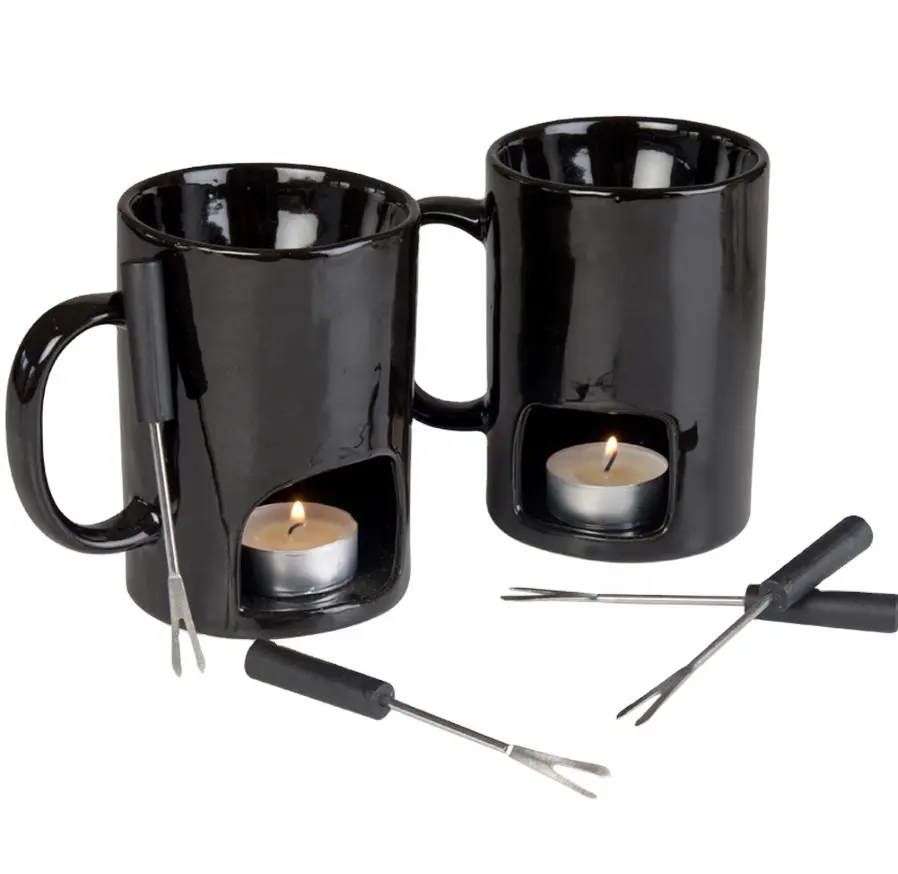 Ensemble de 2 tasses à Fondue au chocolat en céramique, noir ou blanc