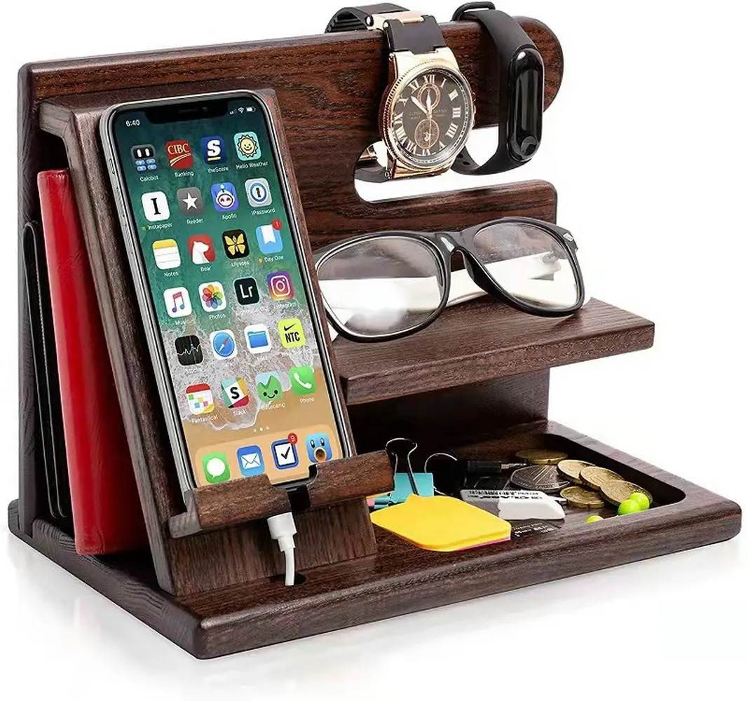 Hout Telefoon Docking Organizer Station Sleutelhouder Wallet Stand