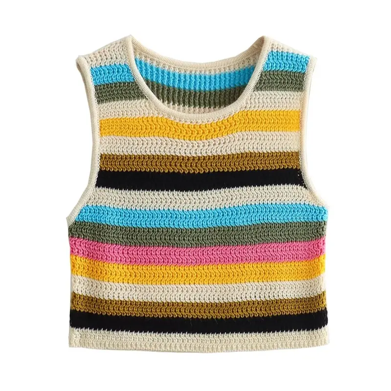TAOP&ZA Women's 2023 Autumn New Casual Striped Crochet Top Chic Round Neck Fashion Short Knitted Vest
