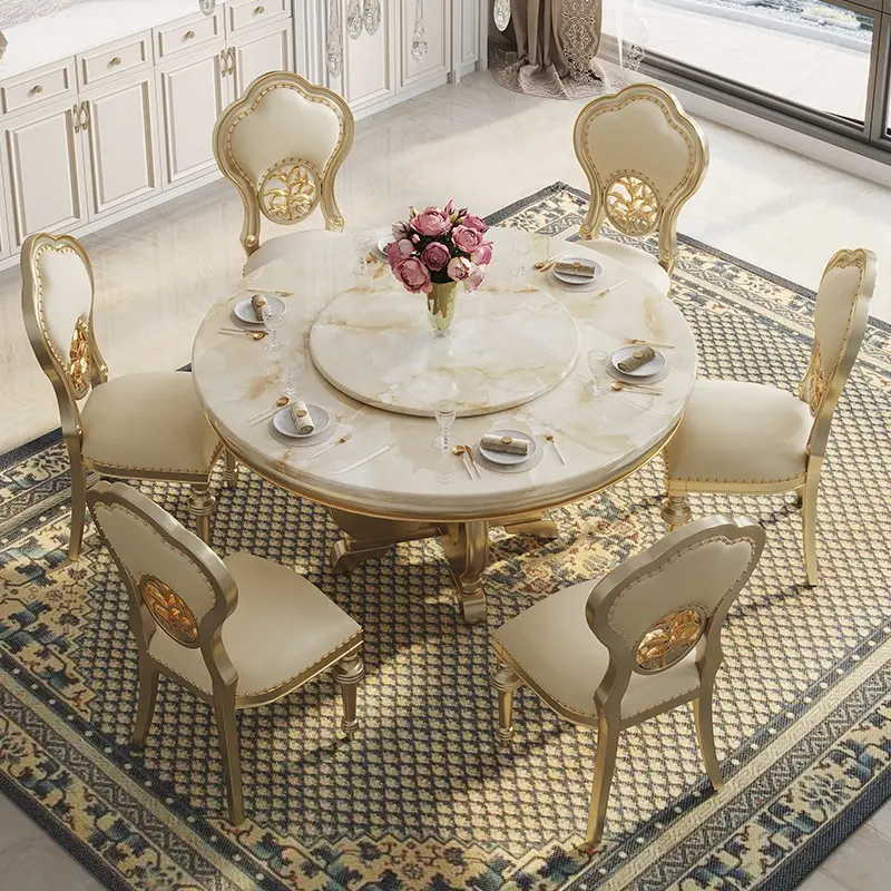 Barato 2 estilo clássico casa móveis mesa de jantar mármore mesa de jantar conjunto 6 cadeiras