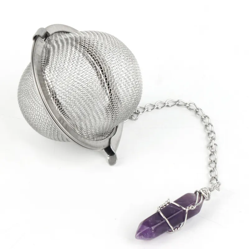 Saringan Teh Kawat Stainless Steel, Infuser Teh dengan Liontin Titik Amethyst