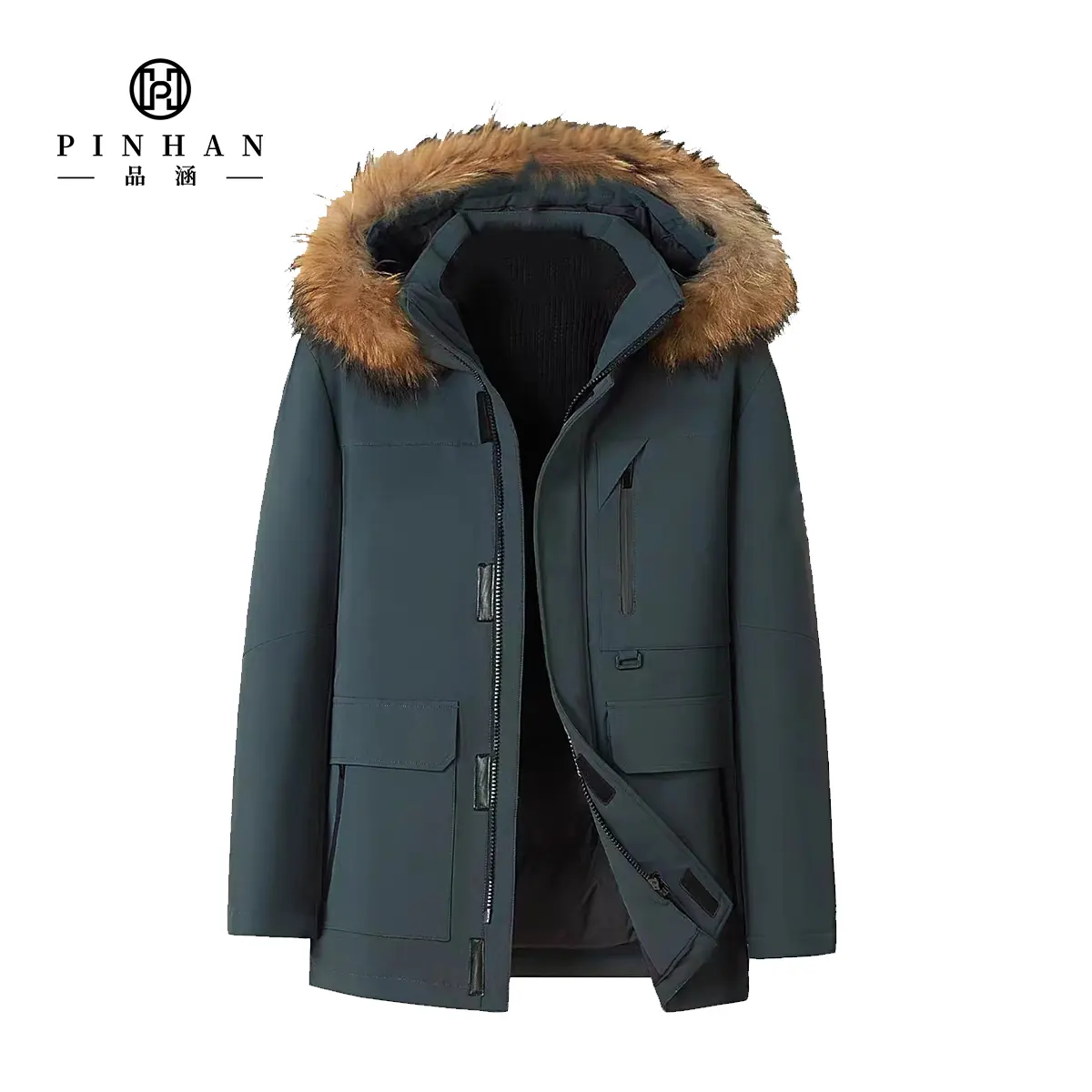 Magic Tape Placket Design Men's Casual Outdoor Clothing Men's Down Jacket with Hood and Fur Collar Stylish Smooth Unisex Jacket
