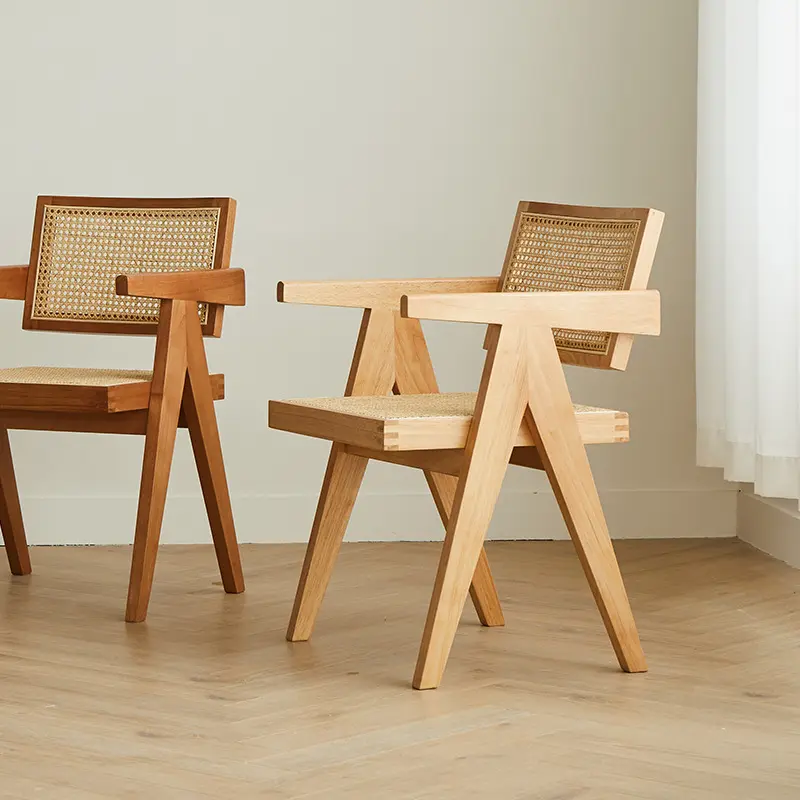 Chaise de salle à manger moderne en rotin naturel et bois massif pour salon