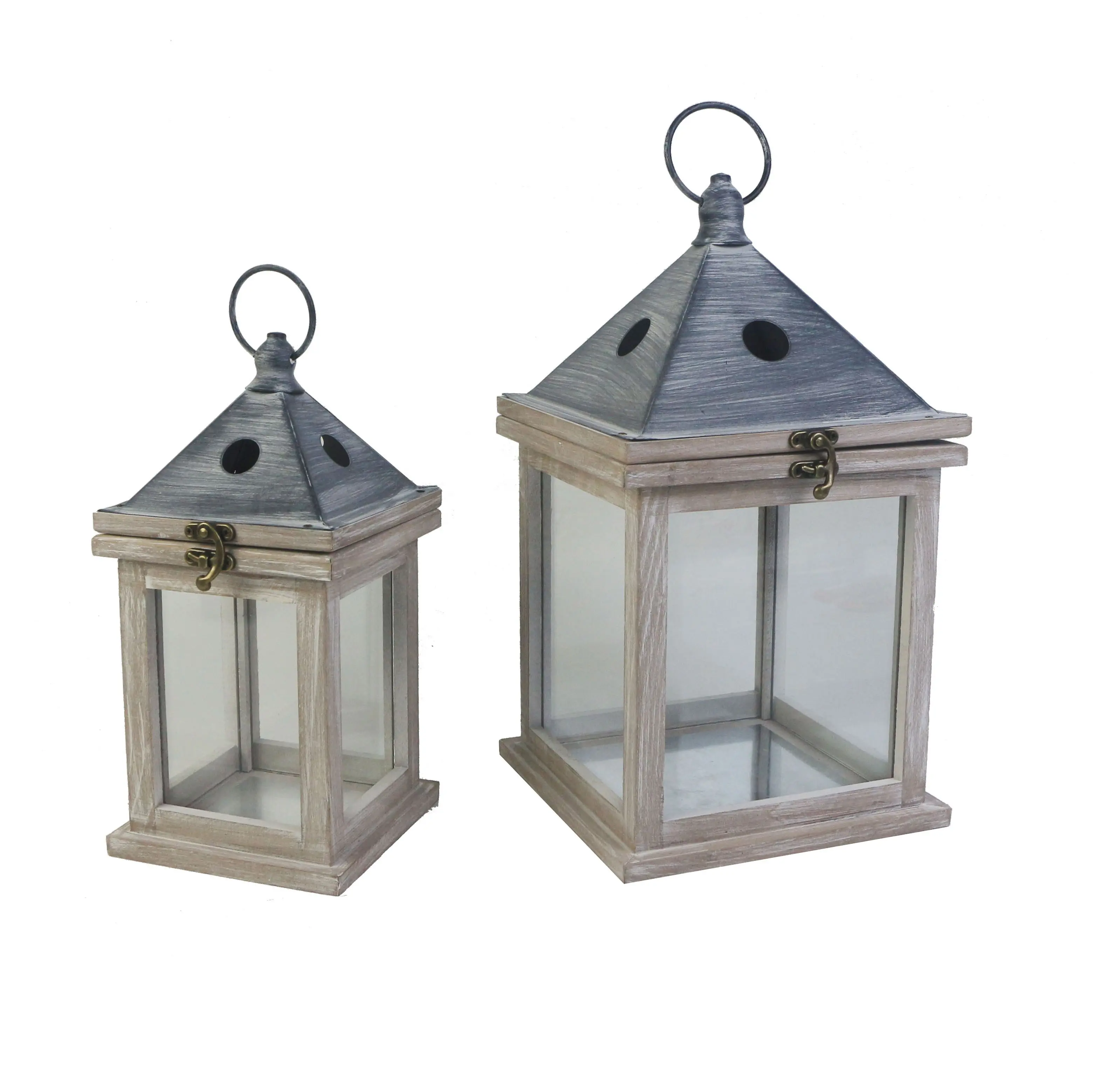 Foryoudecor 3D Wooden House Candle Lantern Set 2 Antique Tower Roof Pilar Candle Lantern Made of Metal Daily Decoration