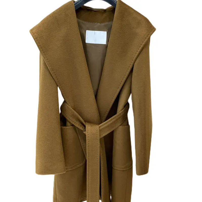 Abrigo de cachemir minimalista elegante para mujer, ropa de pelo de Camel de lujo, corbata larga, cinturón, venta al por mayor