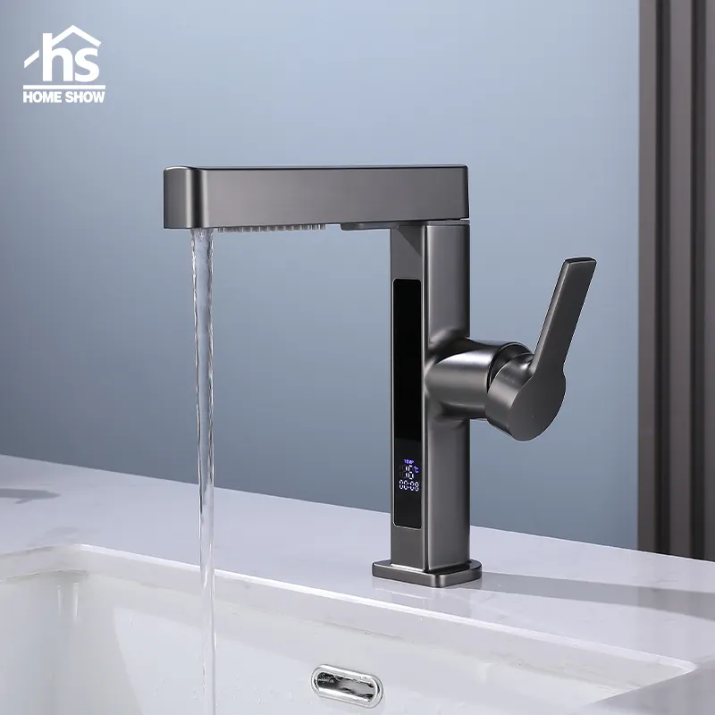 Smart Led Digital Display Bacia Faucet Gun Gray Tall Cachoeira Rotatable Torneira De Lavatório Deck Montado Torneira Do Banheiro