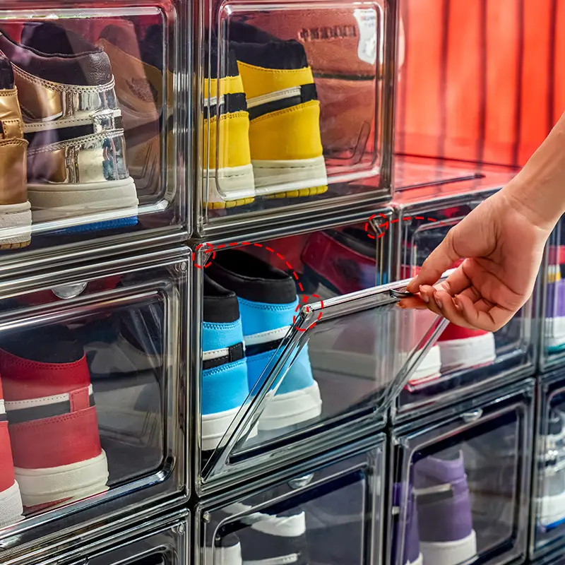 صنع في الصين تخفيضات هائلة أحذية رياضية صناديق عرض تخزين البلاستيك الباب الأمامي الباب الجانبي توفير مساحة واضحة مربع الأحذية تكديس