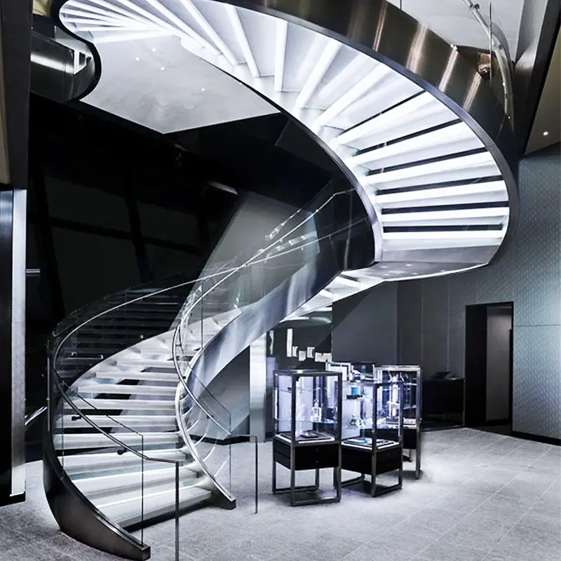 Modern kapalı galvanizli kavisli merdiven yüzen merdiven kiriş tasarım çelik meşe merdiven ahşap çelik Spiral merdiven
