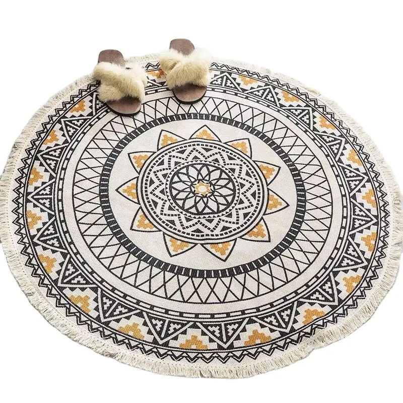 120cm Round Area Rugs Washable Bohemian Mandala Hand Woven Cotton Round Rug with Tassels Indoor Throw Area Rug Circle Carpet