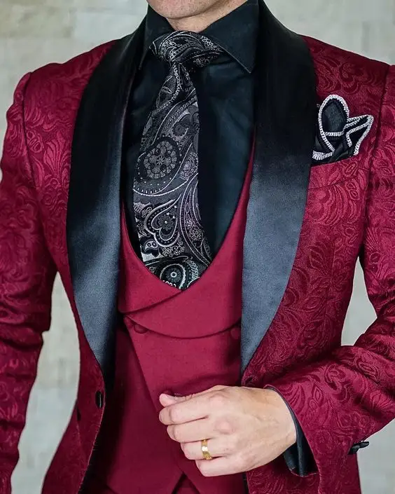 HD150 2022 Tailor-Made Burgundy Wedding Men Suits Slim Fit Tuxedo 3 Pieces Suits Groom Prom Jacquard Blazer Terno Masculino Suit