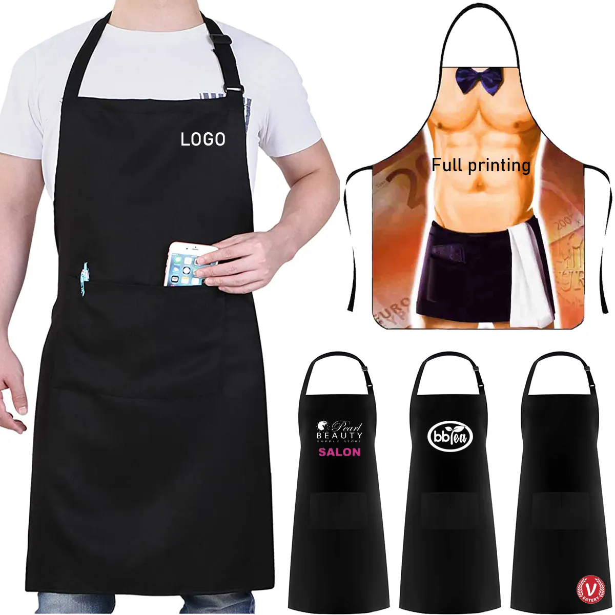 Tablier unisexe en coton noir Logo personnalisé Tablier de conception d'impression complète avec poche Bavoir réglable imperméable pour tablier de barbecue de cuisine