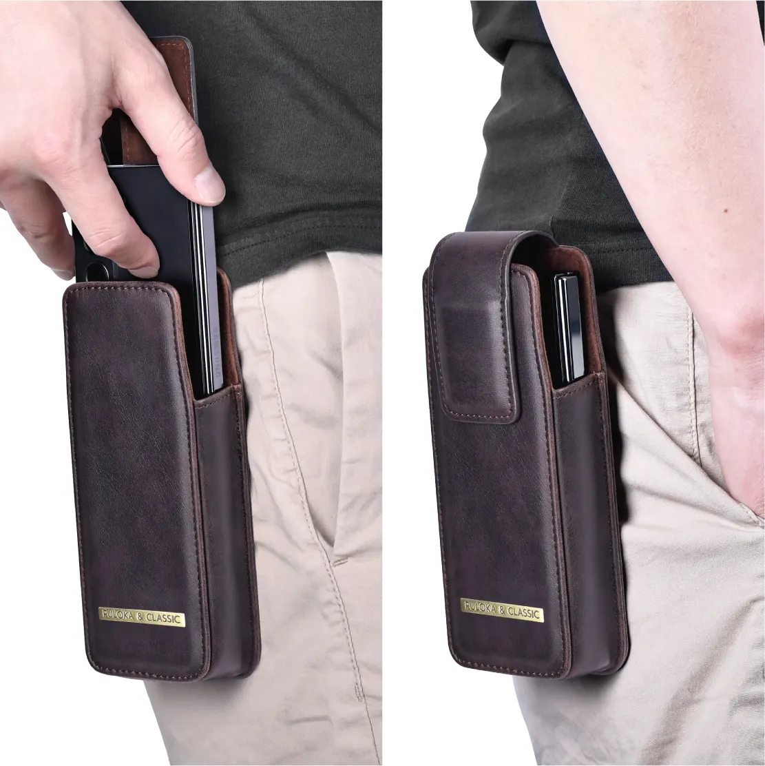 PULOKA 브라운 빈티지 작은 허리 팩 휴대 전화 가방 PU 가죽 허리 벨트 가방 남성용 삼성 갤럭시 Z 폴드 폰