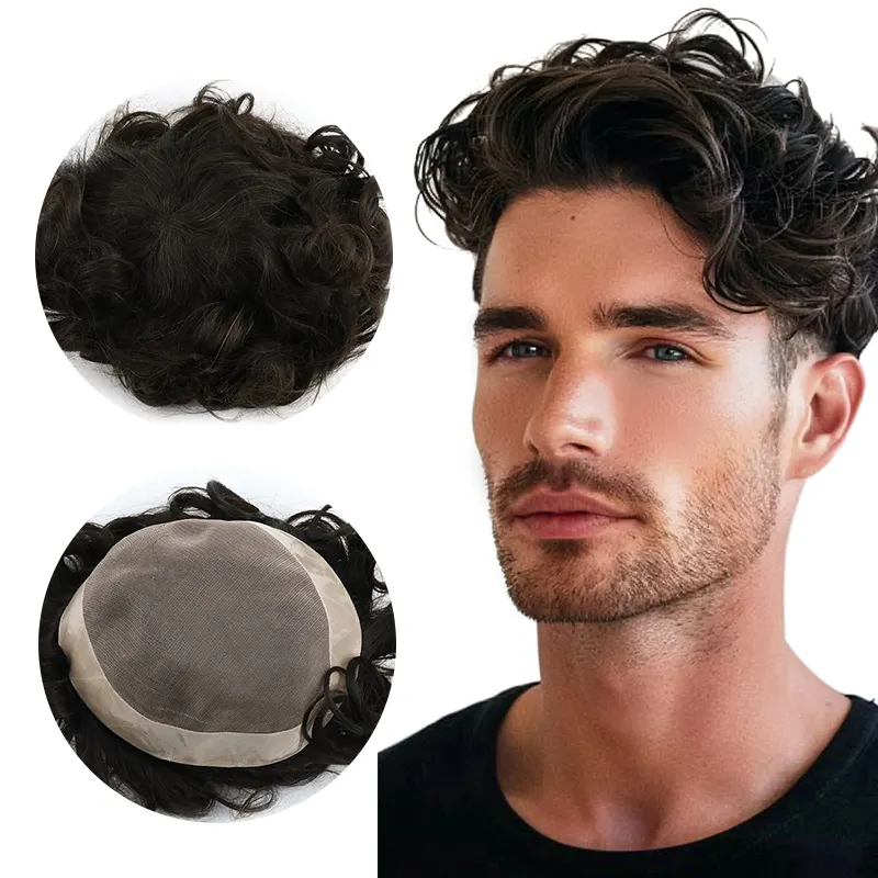 Vente en gros de système de remplacement de haute qualité colle prothèse capillaire fine Mono dentelle 100% perruques indiennes patch de cheveux humains toupet pour hommes