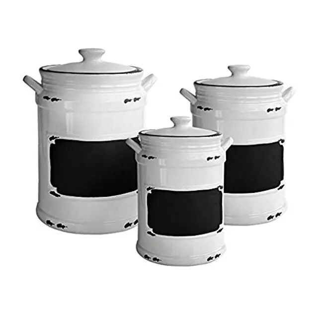 Conjunto de canister vintage de atelier americano, 3 peças de frasco de cerâmica design chique com etiqueta de quadro-negro