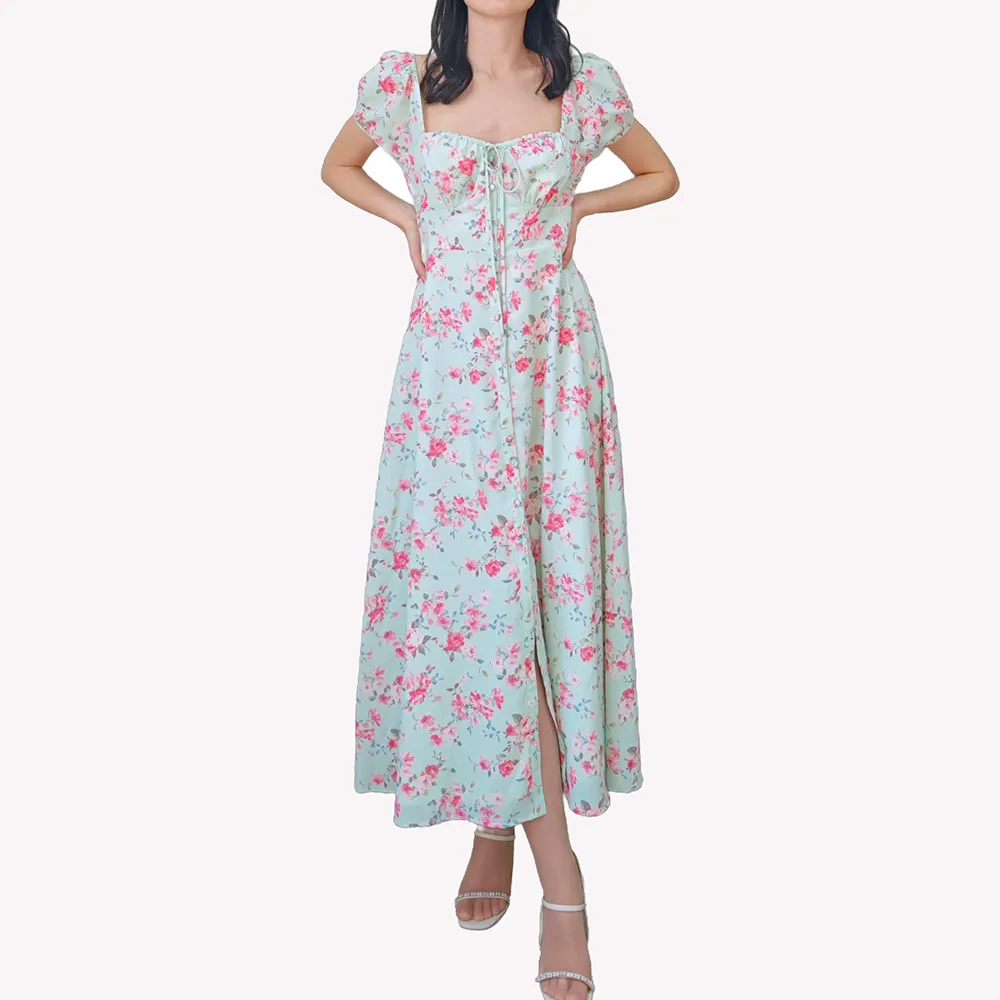 Saia longa maxi de chiffon verde claro anarkali com fenda vestido de escritório para mulheres vestido midi floral para convidados de casamento em ilha